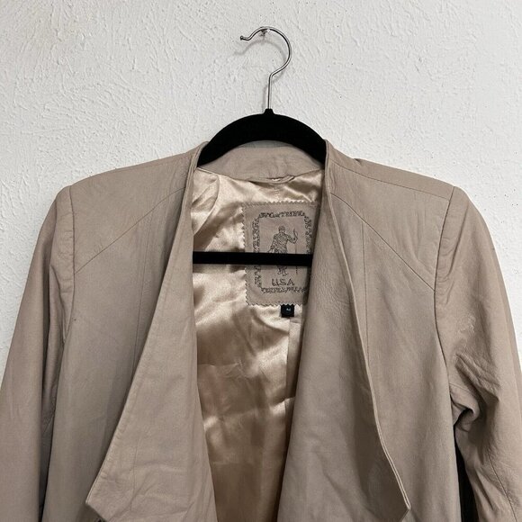 My Tribe Women's Long Sleeve Leather Biker Jacket Open Front Cropped Beige M - Picture 2 of 11